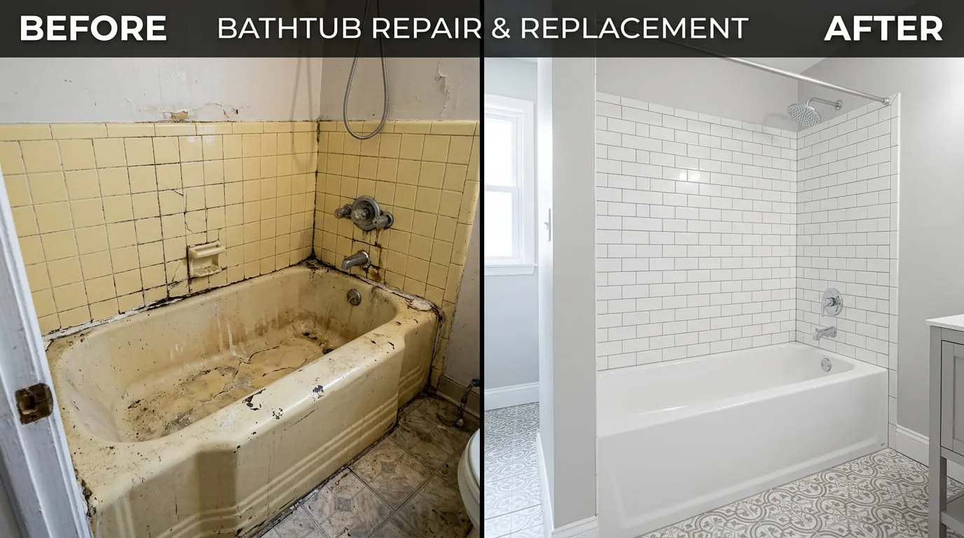 Bathtub repair and replacement before and after by Bear Wood Plumbing in Lakewood CO
