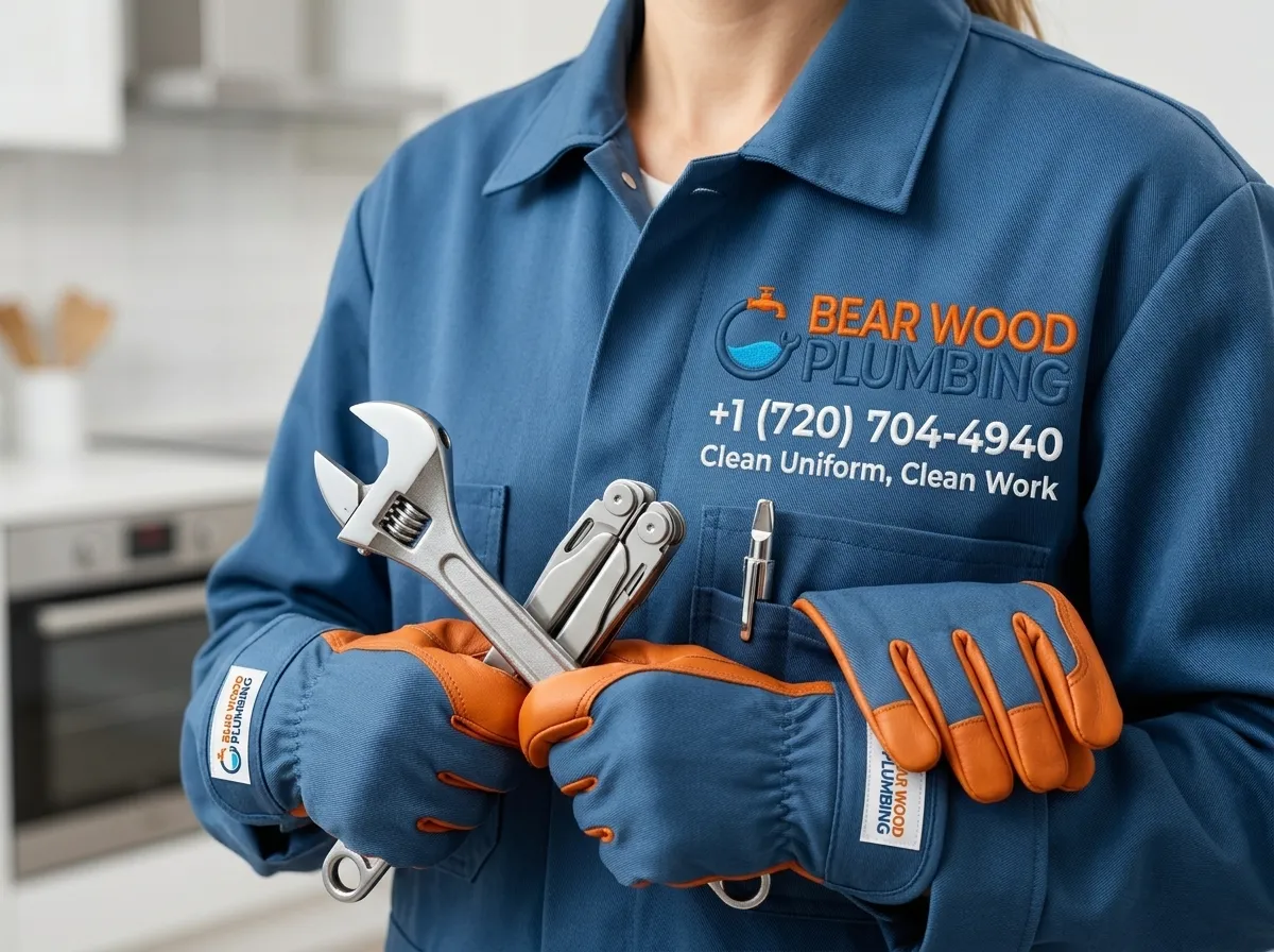 Licensed Bear Wood Plumbing professional in clean uniform performing quality plumbing work in Lakewood CO