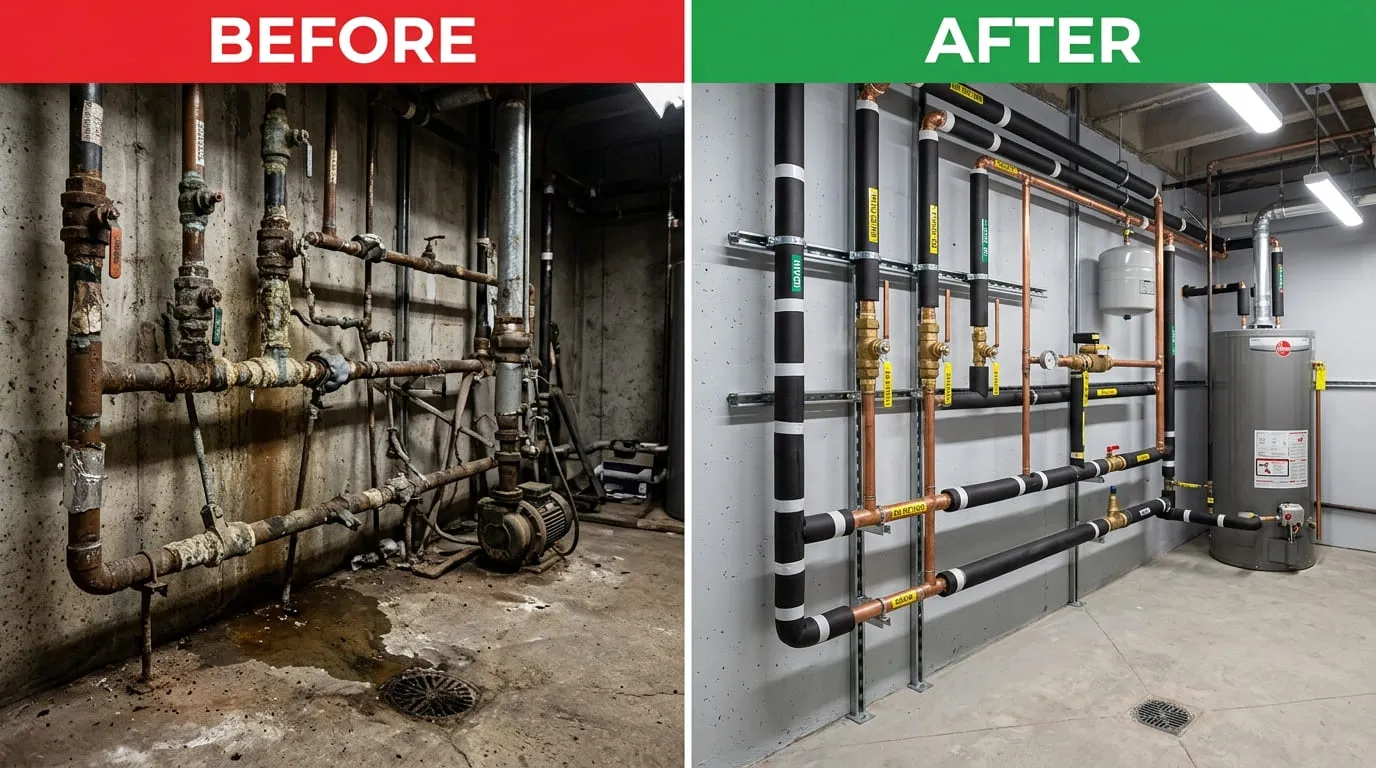 Commercial pipe repiping and replacement before and after by Bear Wood Plumbing in Lakewood CO