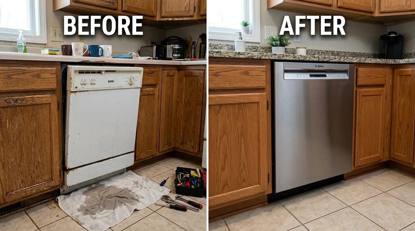 Dishwasher repair and replacement before and after by Bear Wood Plumbing in Lakewood CO