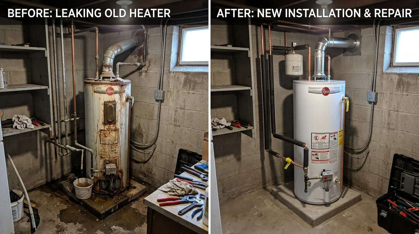 Water heater replacement before and after by Bear Wood Plumbing in Lakewood CO