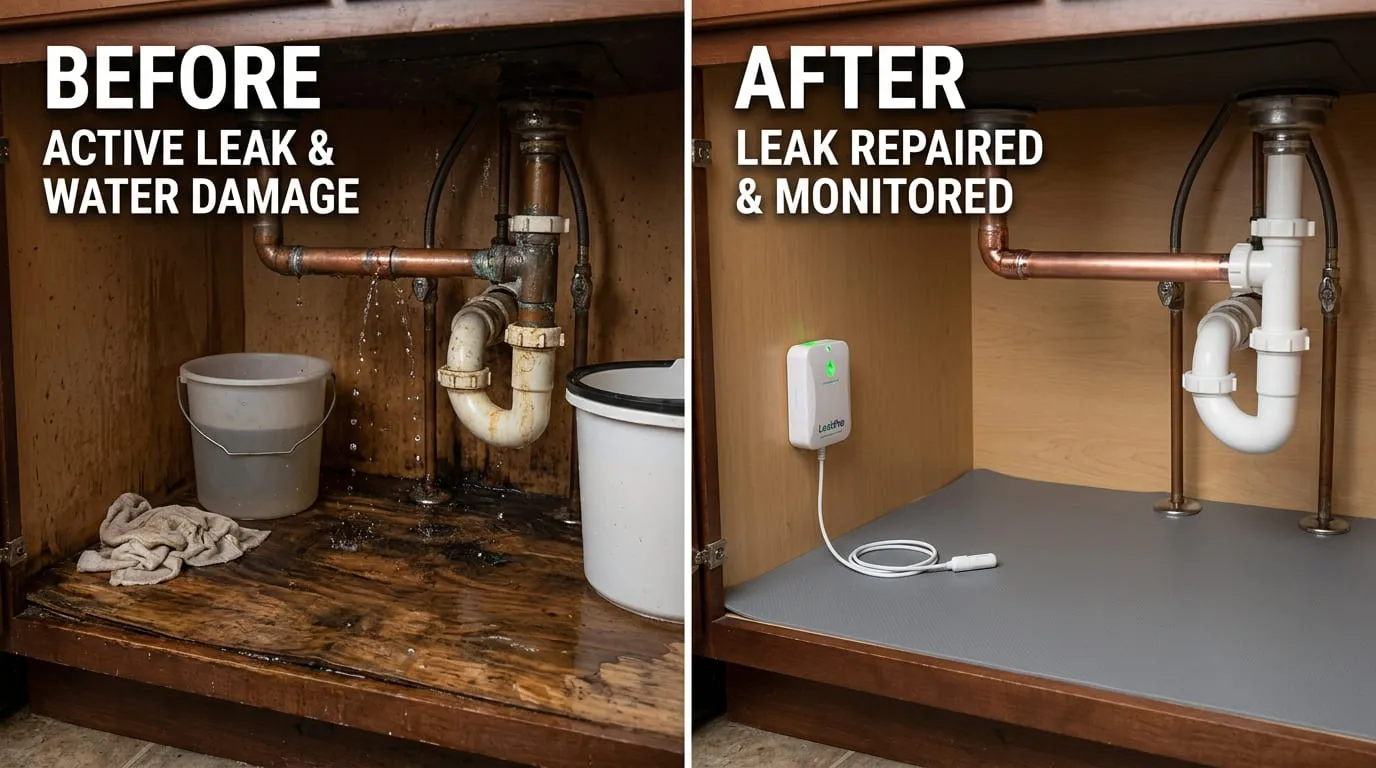 Water leak repair before and after by Bear Wood Plumbing in Lakewood CO