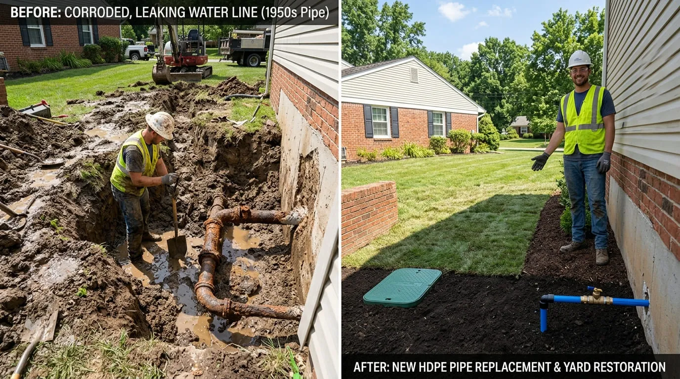 Water Line Replacement and Yard Restoration Before and After - Bear Wood Plumbing Lakewood CO